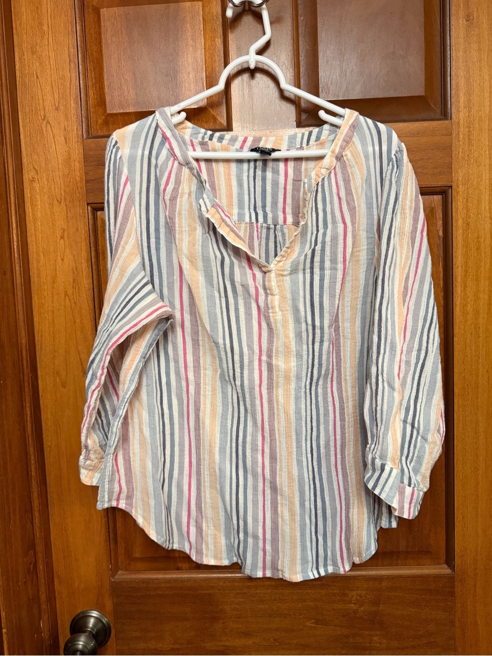Chaps Women's Plus 1X Multicolor Striped V-Neck Pullover Ruffle Blouse 3/4